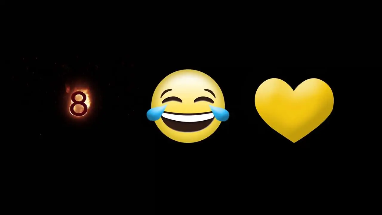 Laughing face emoji yellow broken heart and number eight on fire icon on black background