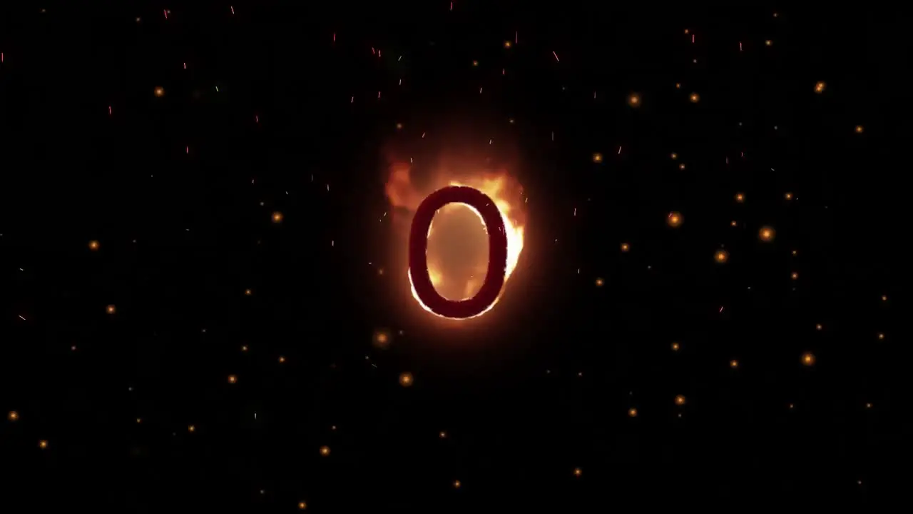 Animation of zero on fire over glowing specks on black background