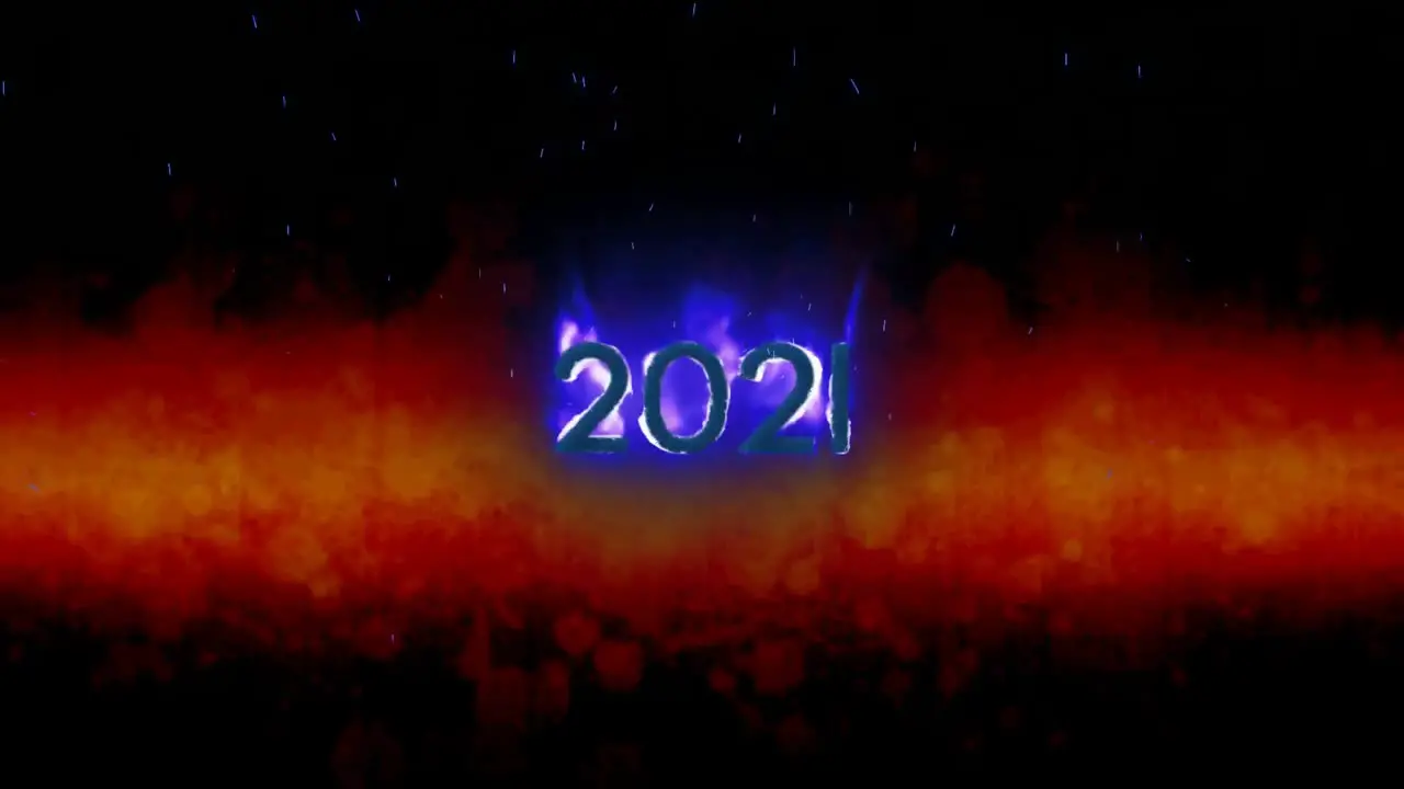 Animation of 2021 text in burning flames over brown background