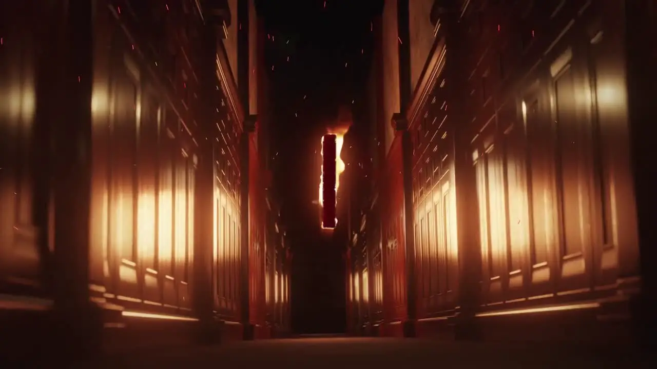 Animation of log with flames over scary narrow corridor