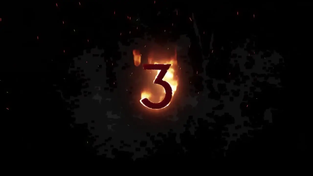 Animation of 3 text in burning flames over dark background