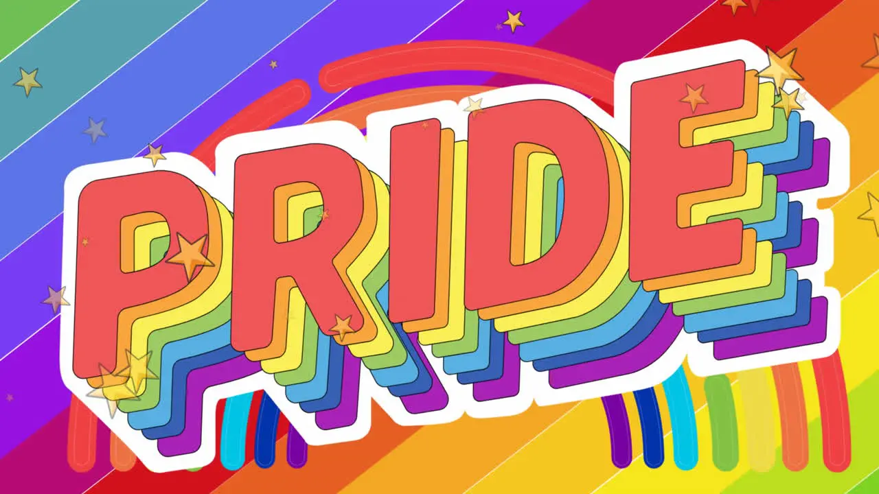 Colorful 'PRIDE' text pops on a vibrant rainbow background