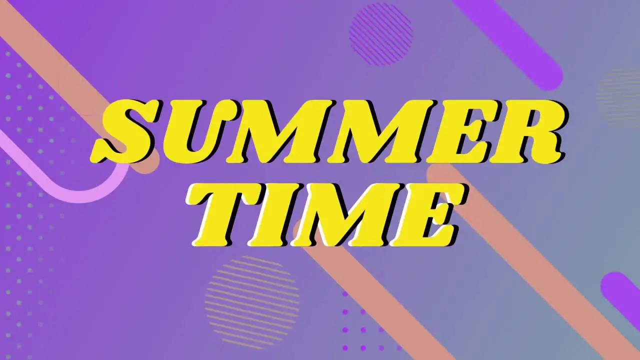 Animation of summer time over violet background with pink and orange tubes