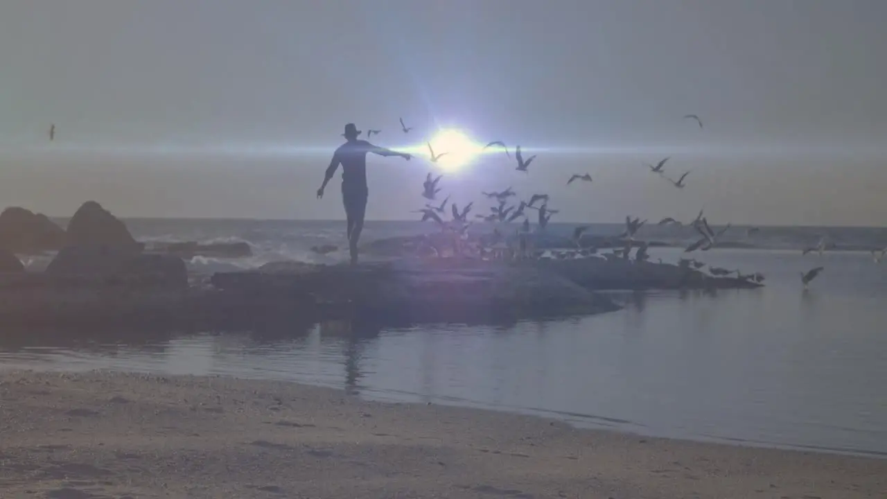 Bright spot of light against african american enjoying on the rocks near the sea