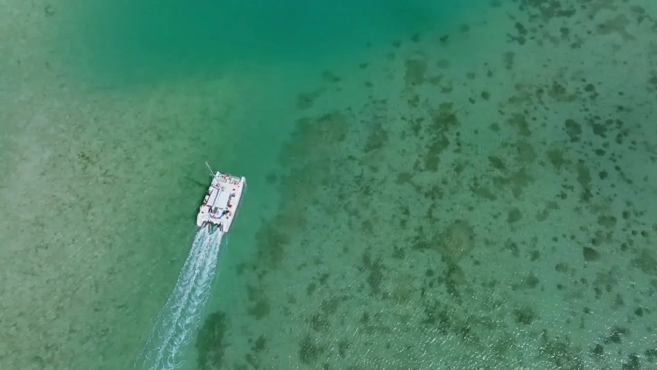 Aerial drone view of Catamaran sailing on tropical turquoise ocean