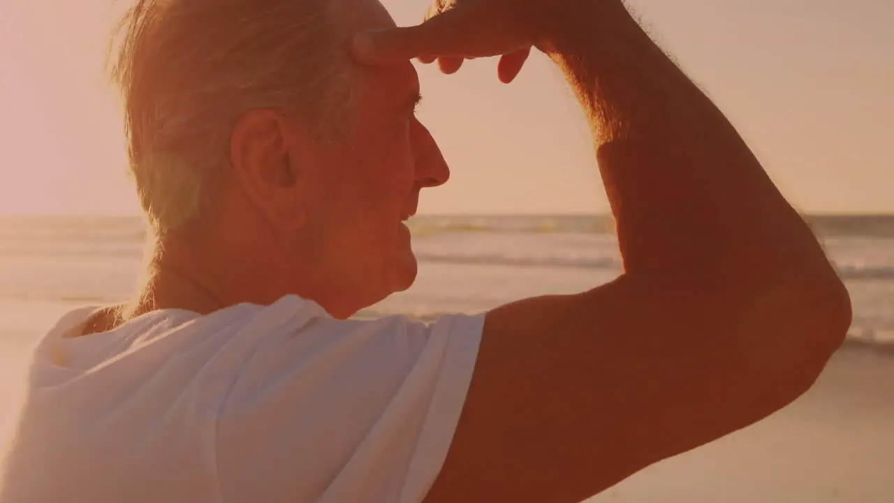 Rear view of caucasian senior man enjoying the view at the beach