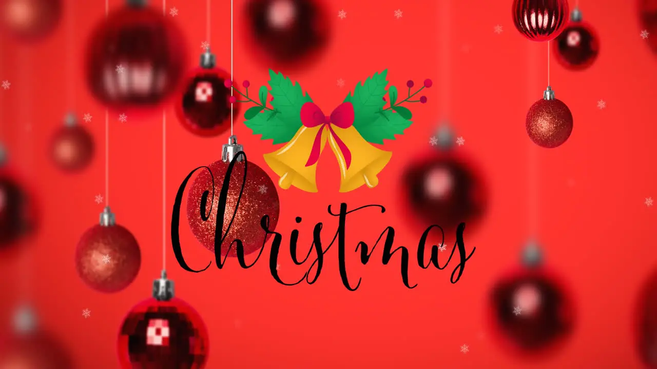 Animation of bells leaves and christmas text over hanging baubles against red background