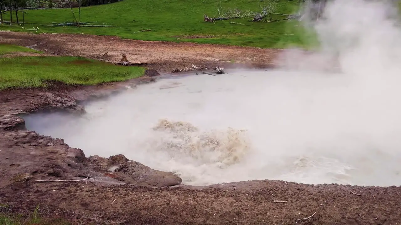 Violently bubbling huge hot spring geyser closeup detail shot of steam rising in Yellowstone National Park Wyoming USA