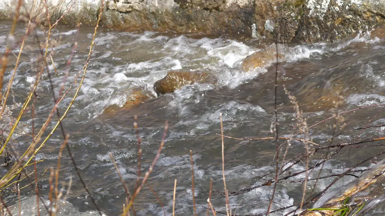 Clean fresh spring water streaming down a river creek in Lapland Finland flat color profile handheld shot