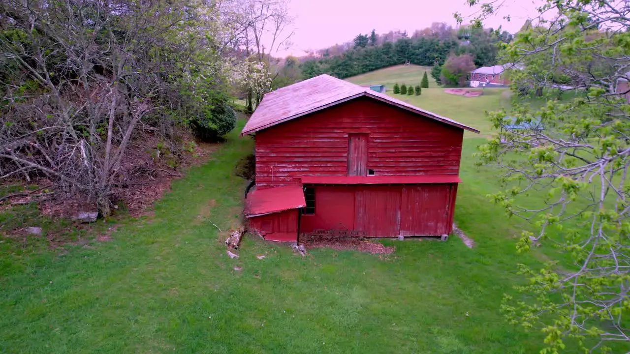 aerial push past tree branch toward red barn on farm near boone and blowing rock nc north carolin