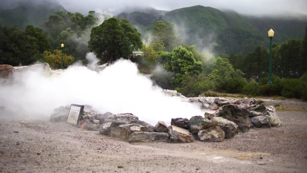 Geothermal caldeira with hot steam or vapor from the volcano underneath in Furnas San Miguel Portugal