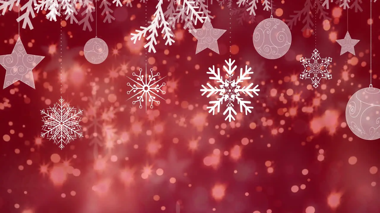 Animation of lens flares leaves snowflakes hanging baubles and stars over red background