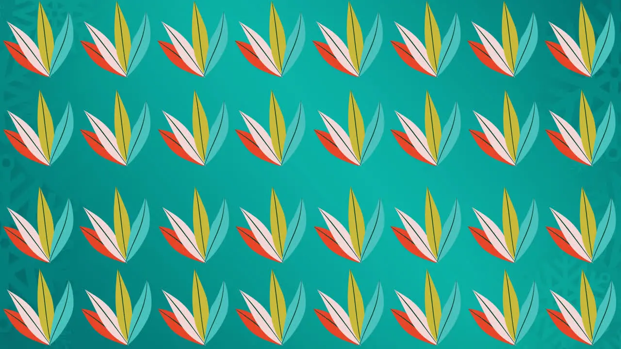 Animation of rows of multi coloured leaves on blue background