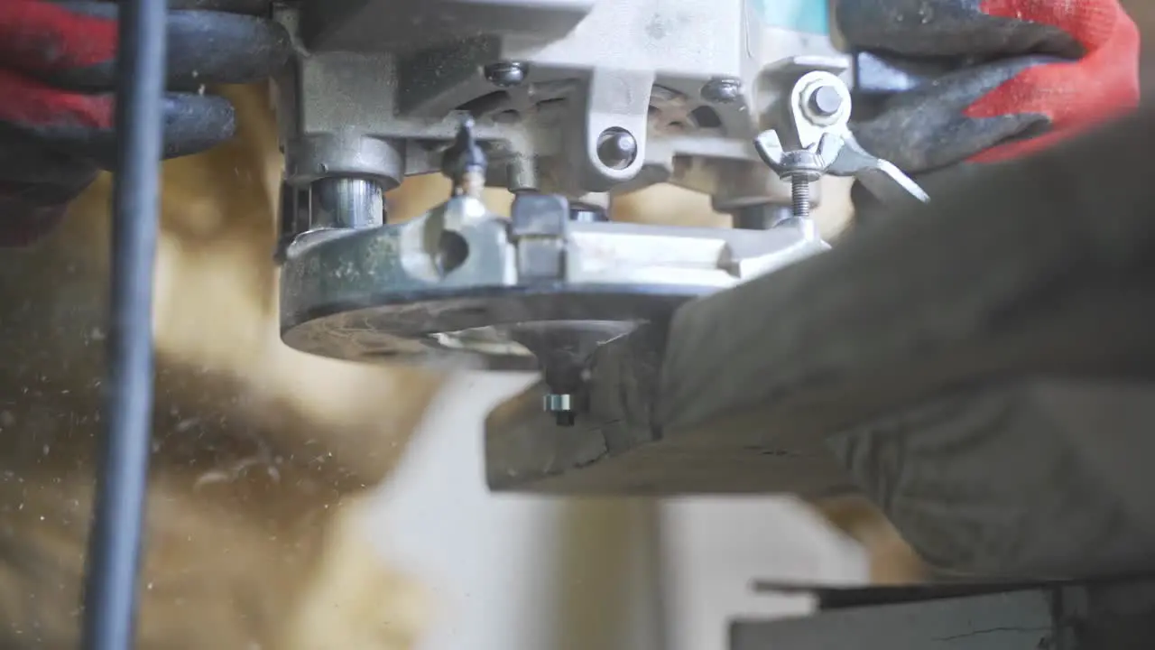 Workshop woodworker working wood shaping edge rotary machine dust