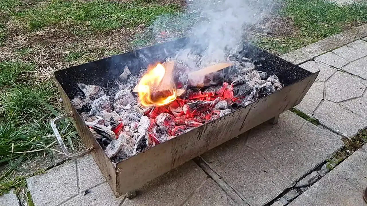 Kindling wood starts to burn with flame in a barbecue fire