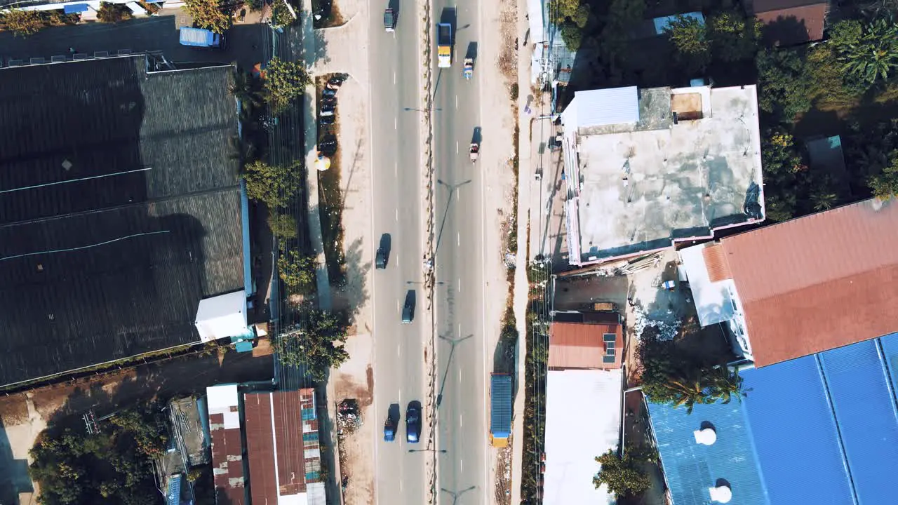 4k Drone shot of busy road where vehicles are moving