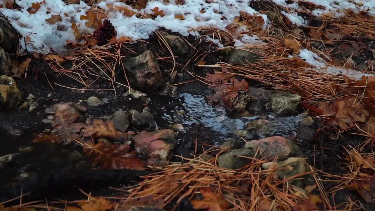 Snowy small river Snow melt Slow motion