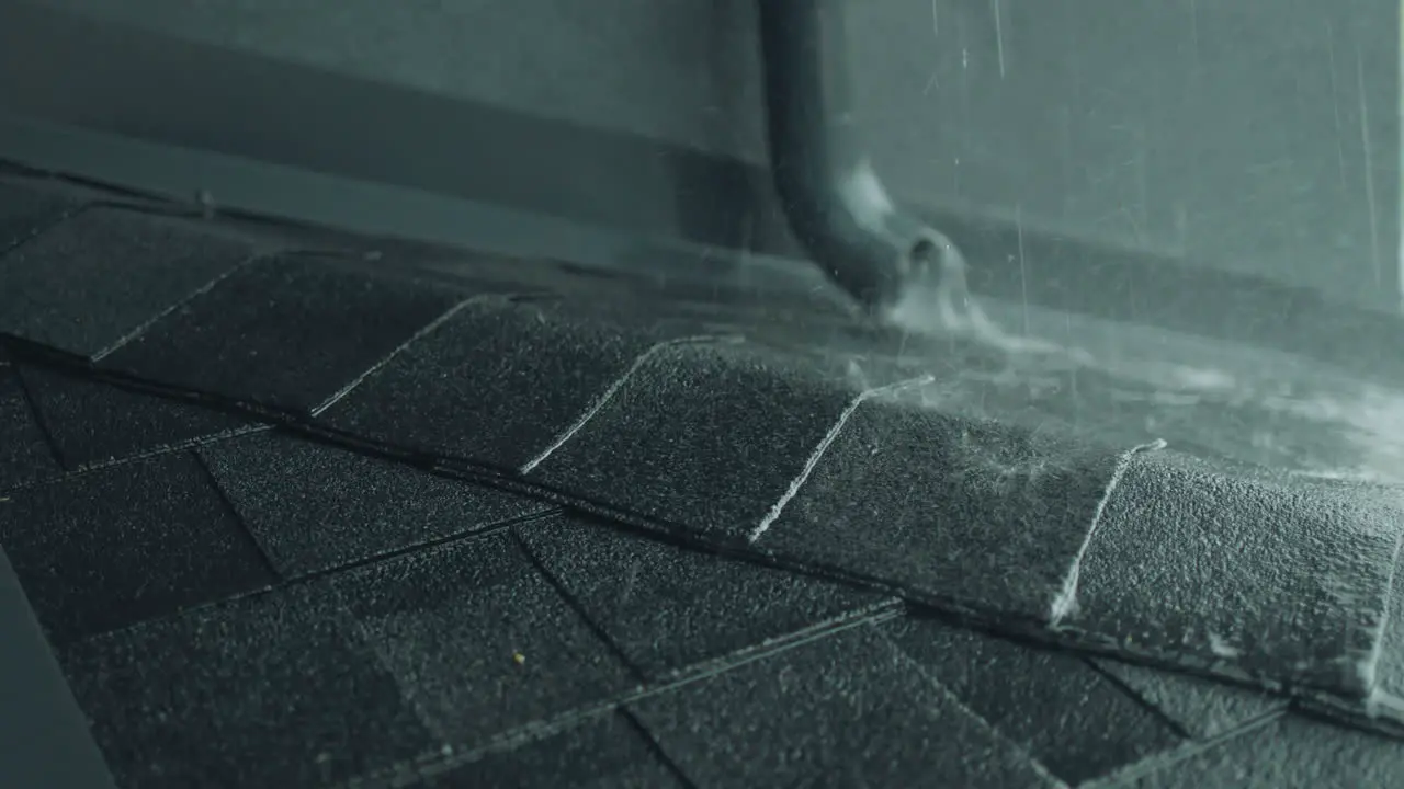 Water flows from a drainpipe onto a shingle roof Heavy rain