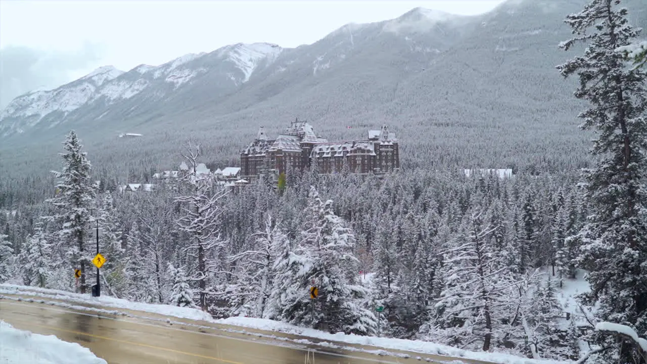 Snowy resort hotel castle in the canadian rocky mountains in Banff Alberta