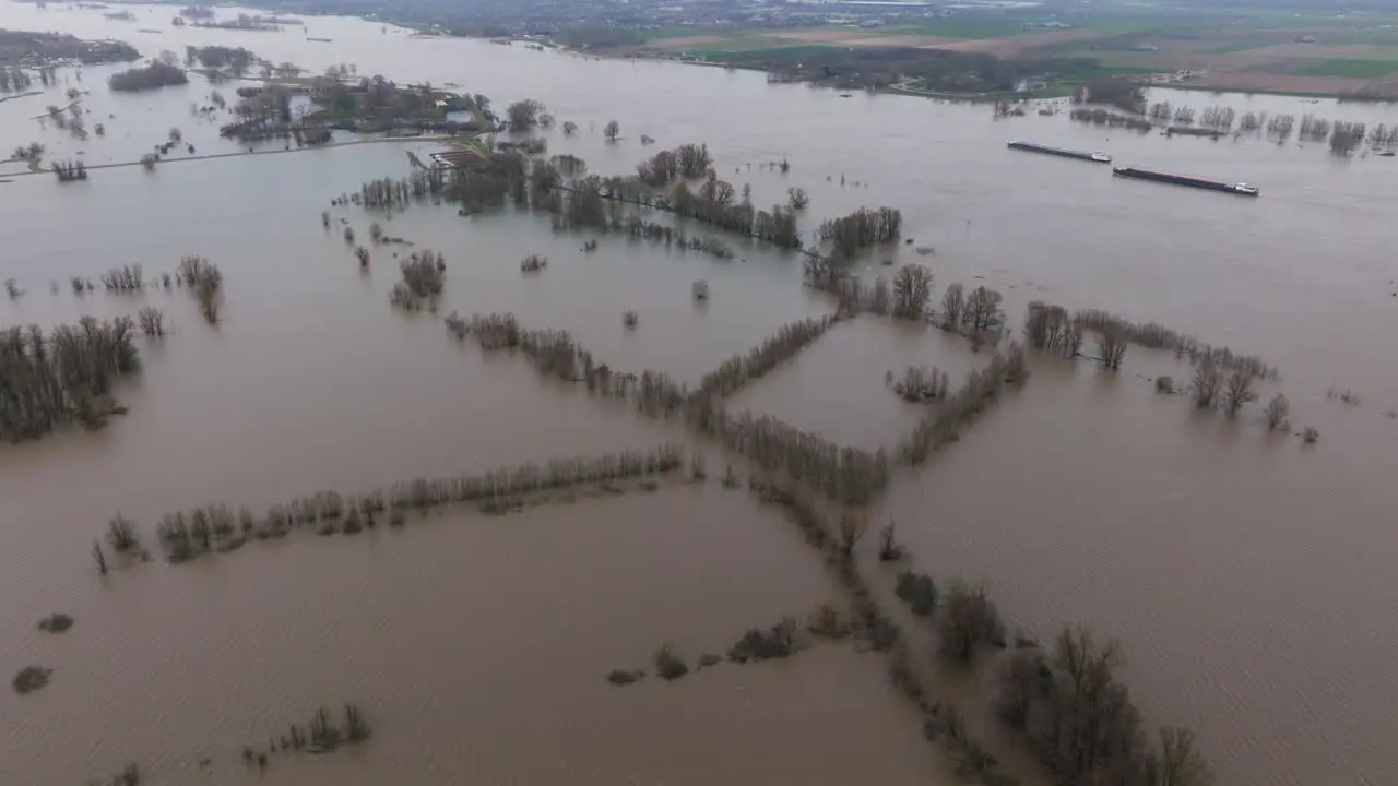 Flooded landscape around river Waal in Dutch countryside near Gorinchem