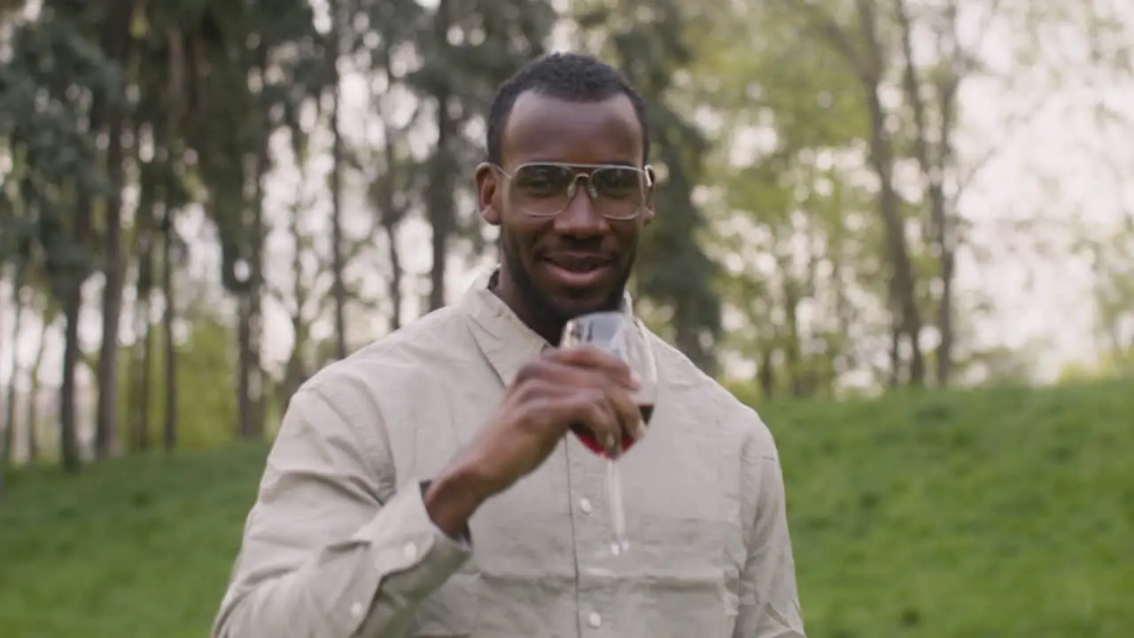 Middle Aged Man Raising Glass Of Wine While Looking At Camera In Park