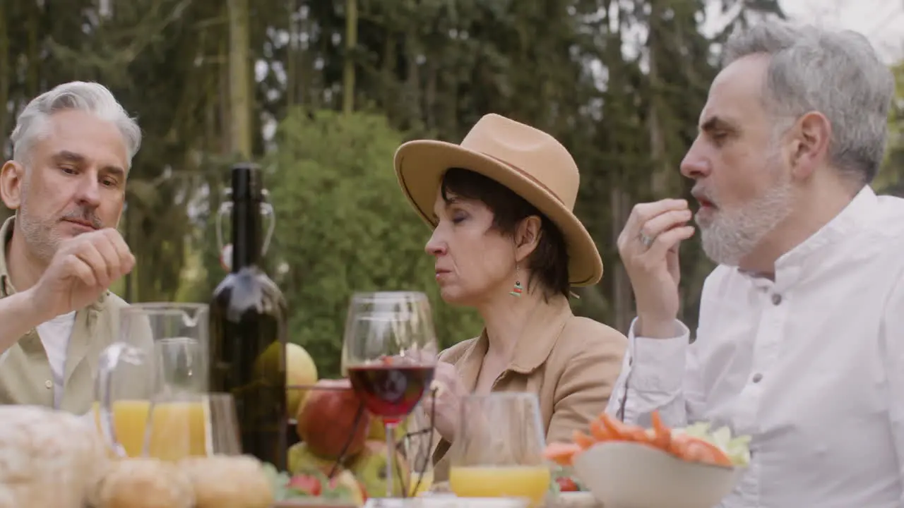 Close Up View Of A Group Of Middle Aged Friends Eating And Talking To Each Other Sitting At Table During An Outdoor Party In The Park