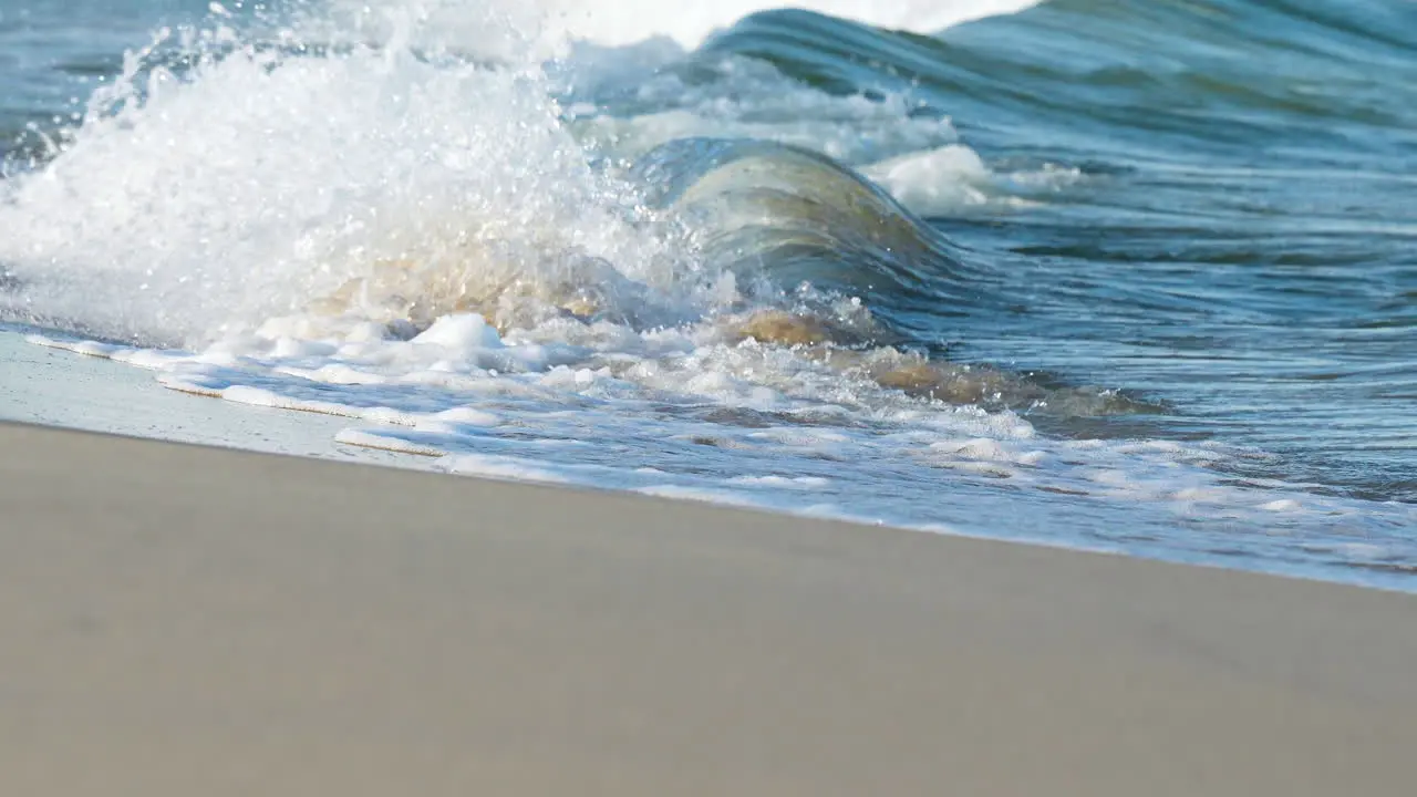 A wave cresting and breaking with white foam captured in motion along the calm beach