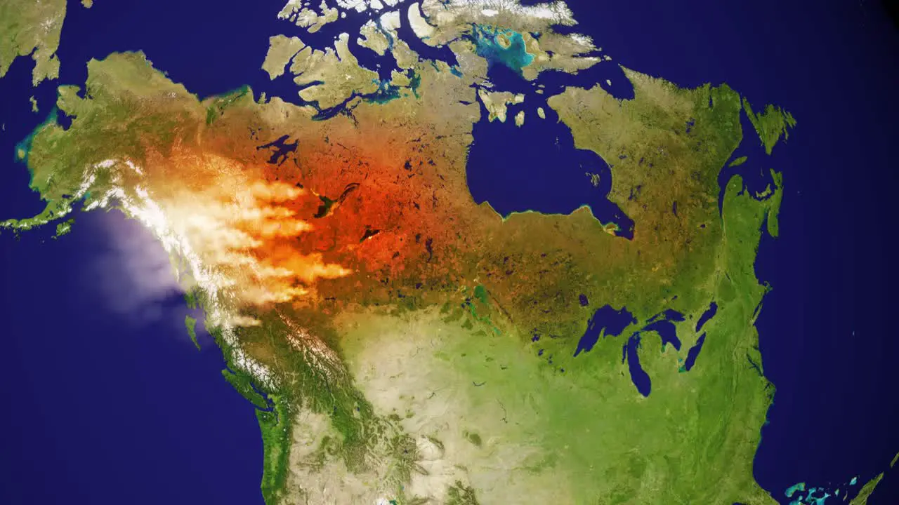 Canada forest fire map 3d animation with smoke and aerial growth of damage Made of public domain image from NASA