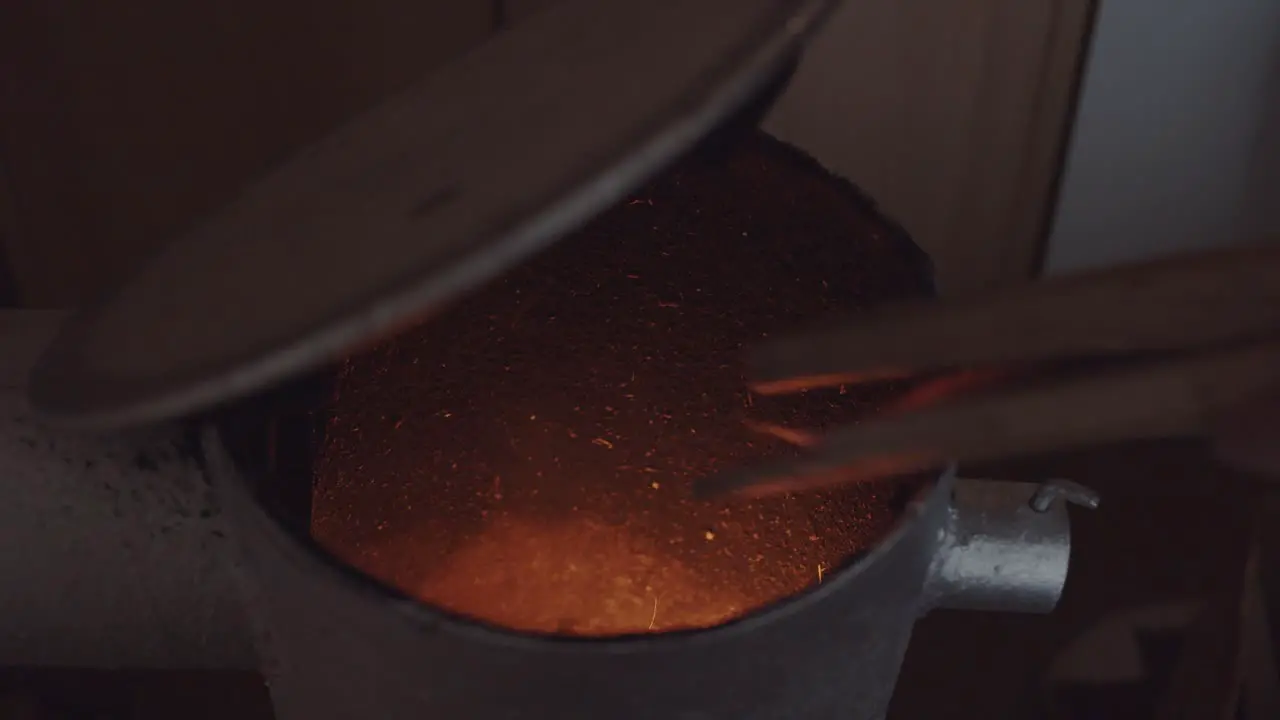 Opening Lid Steel Wood Burning Stove Flames Showing Up