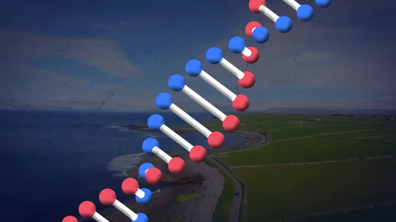 Animation of dna structure with connecting dots and landscape in background