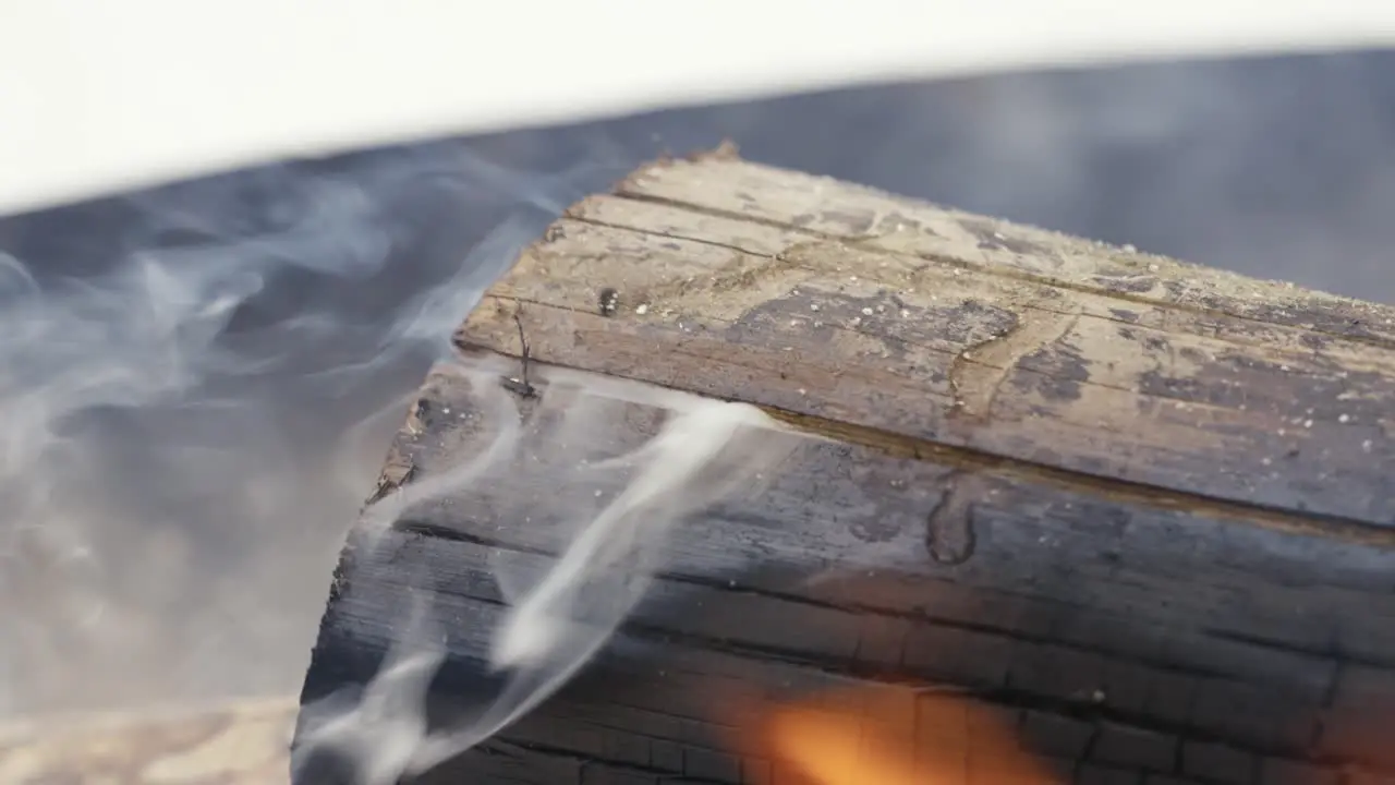 Detail close up of smoky burned wooden log with flames outdoor firepit day