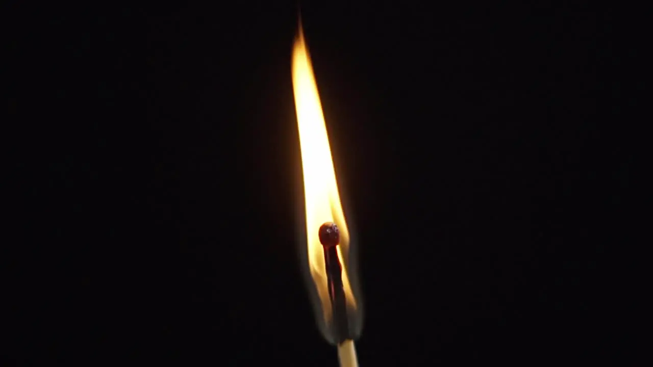 Close up lucifer stick with burning flame black screen background