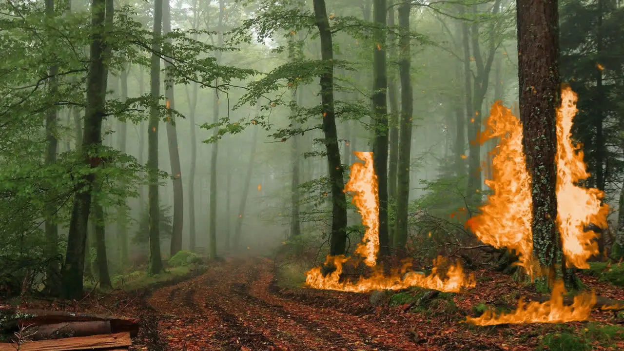 Forest fire starting to burn from the ground and goes for the trees VFX animation with fire particles flying around