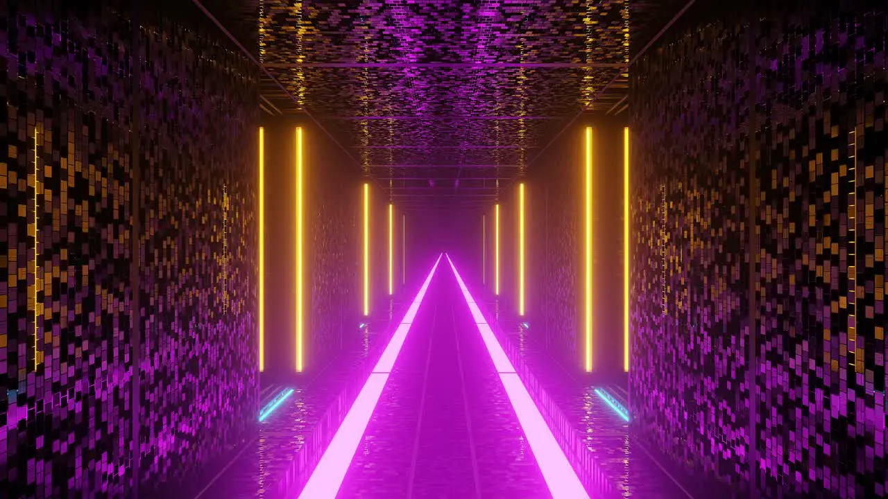 Flying through brightly purple and gold lit path in futuristic hall way architecture 3d cgi rendered graphic animation