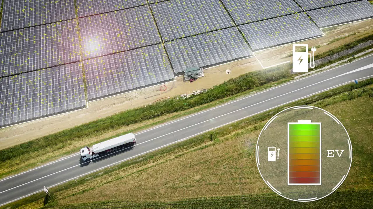 Eco-friendly electric truck charging on solar field with battery indicator and charger