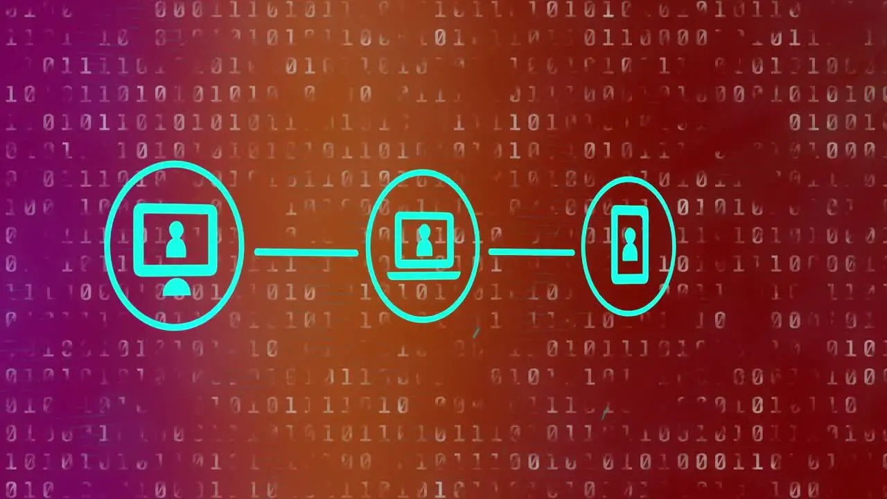 Animation of computer laptop and smartphone connection with binary coding in background