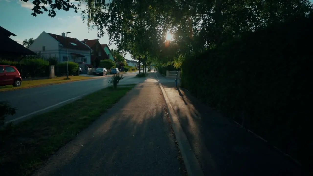 Evening sun shining through the leaves of a tree and casting shadows in a settlement of a rural place Slow Motion