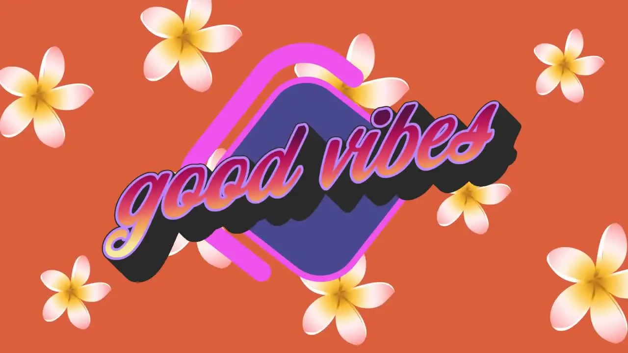 Digital animation of good vibes text against multiple flowers on orange background