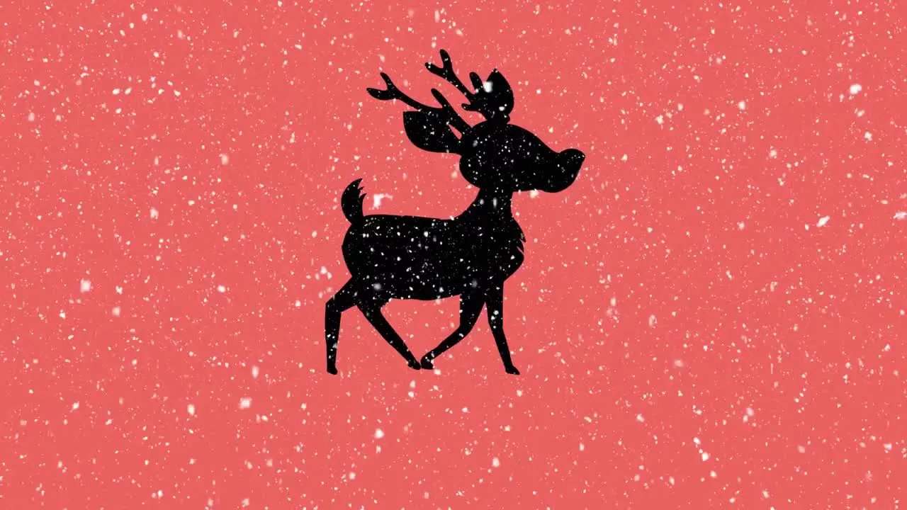 Digital animation of snow falling over black silhouette of reindeer walking against orange