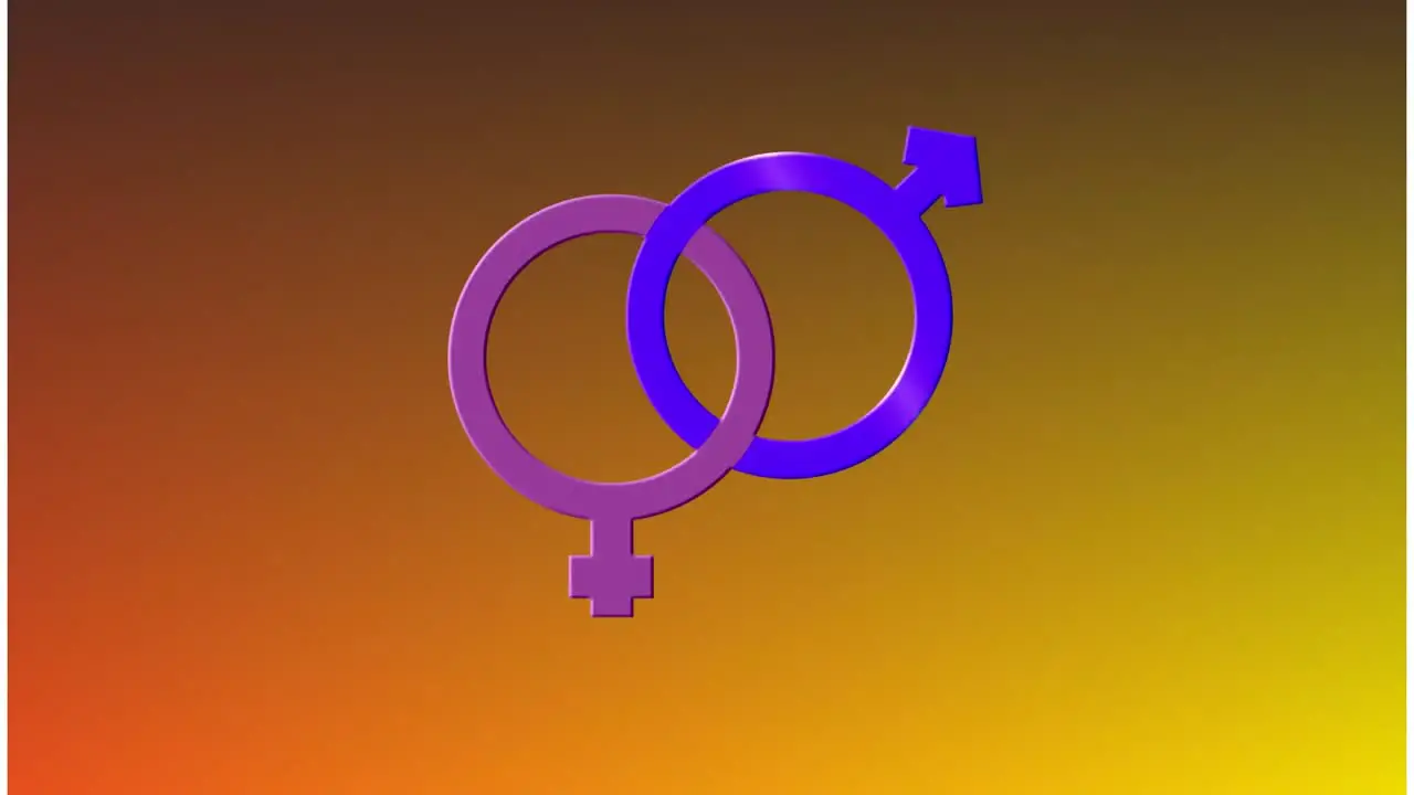 Animation of moving blue and pink heterosexual symbol on orange background