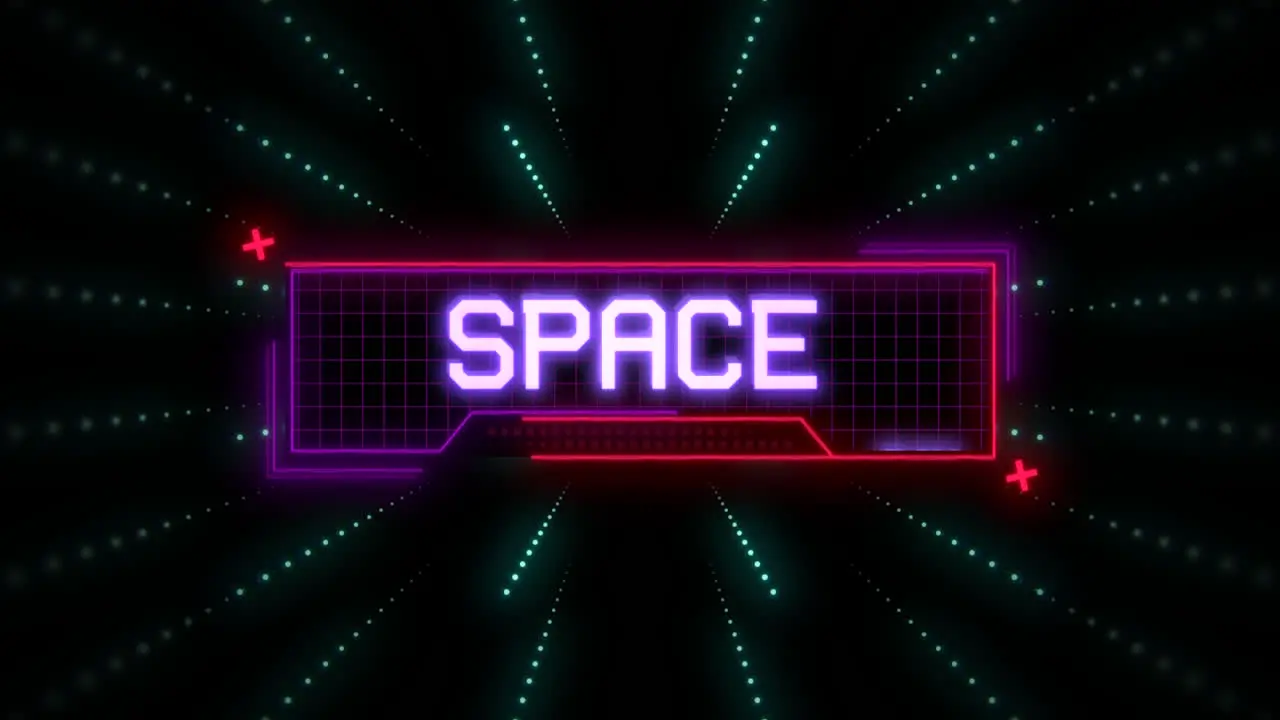 Animation closeup Space Day text on neon futuristic screen with abstract lines