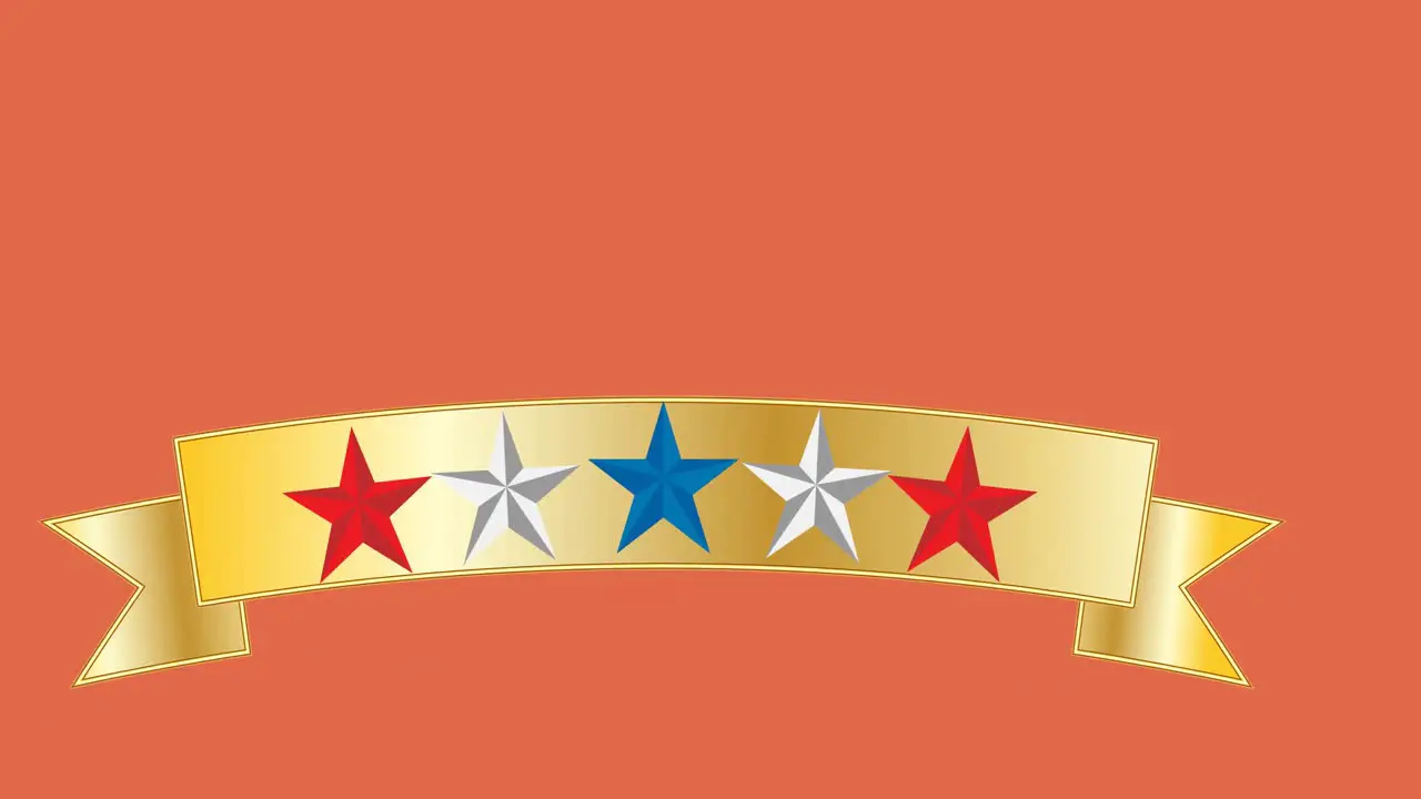 Digital animation of multiple colorful stars on golden ribbon against orange background