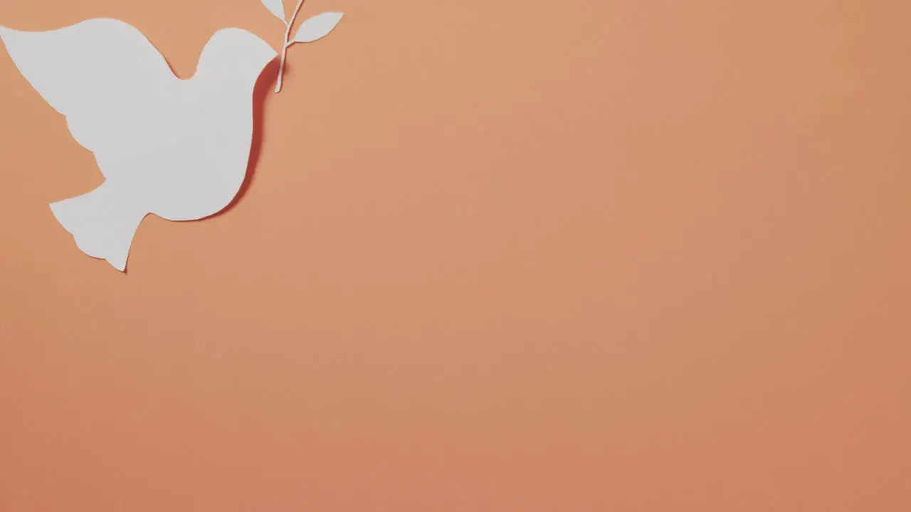 Close up of white dove with leaf and copy space on orange background