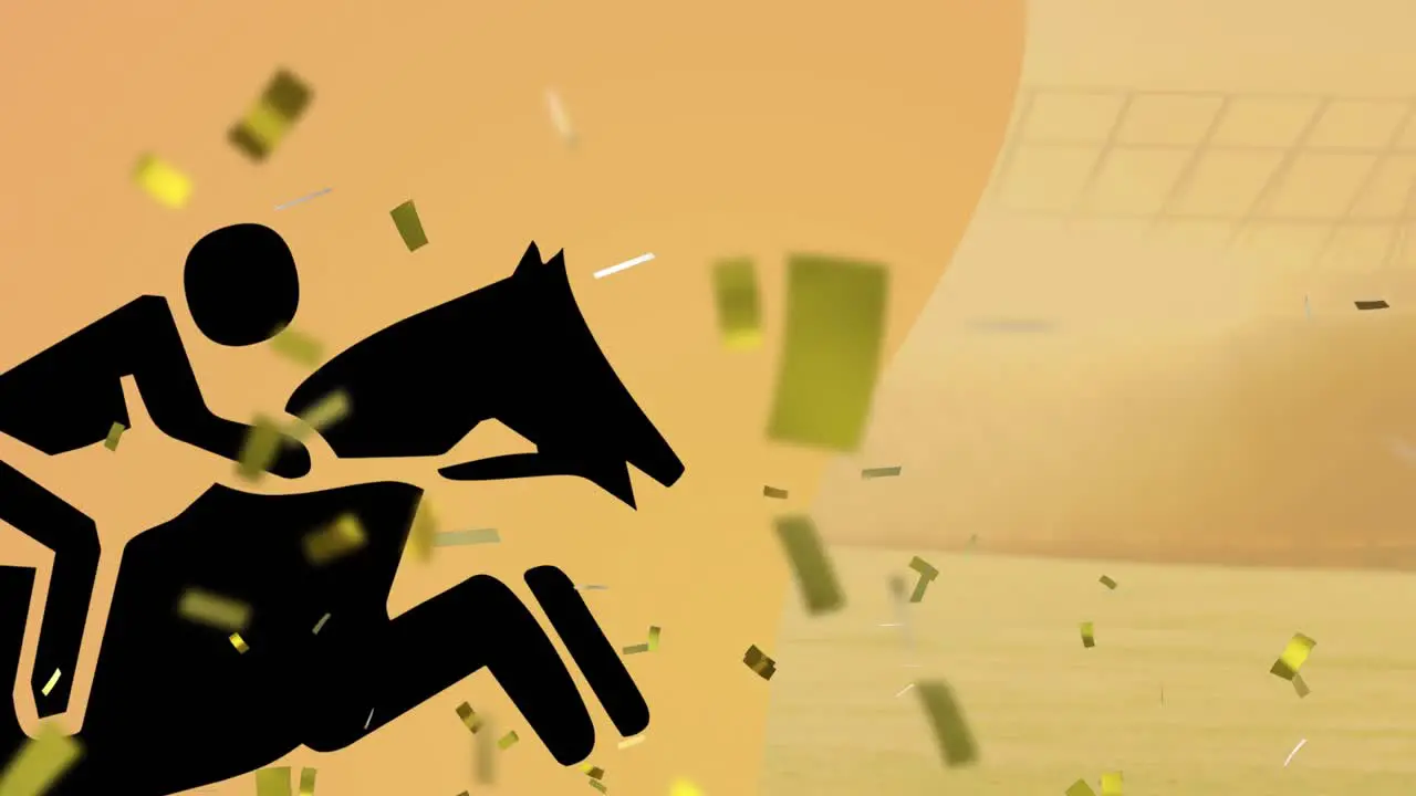 Animation of horse with rider icon and race text with confetti over orange background