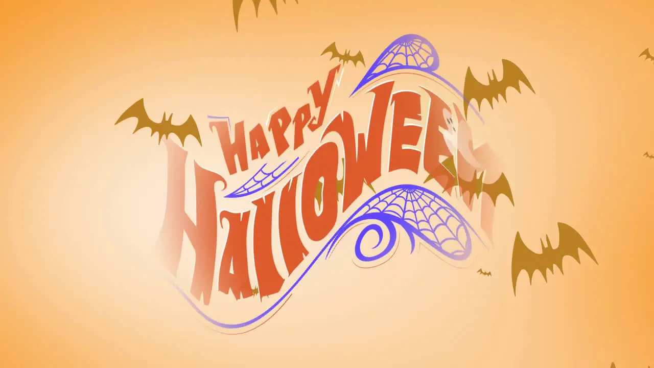 Animation of happy halloween text over failing bats on orange background