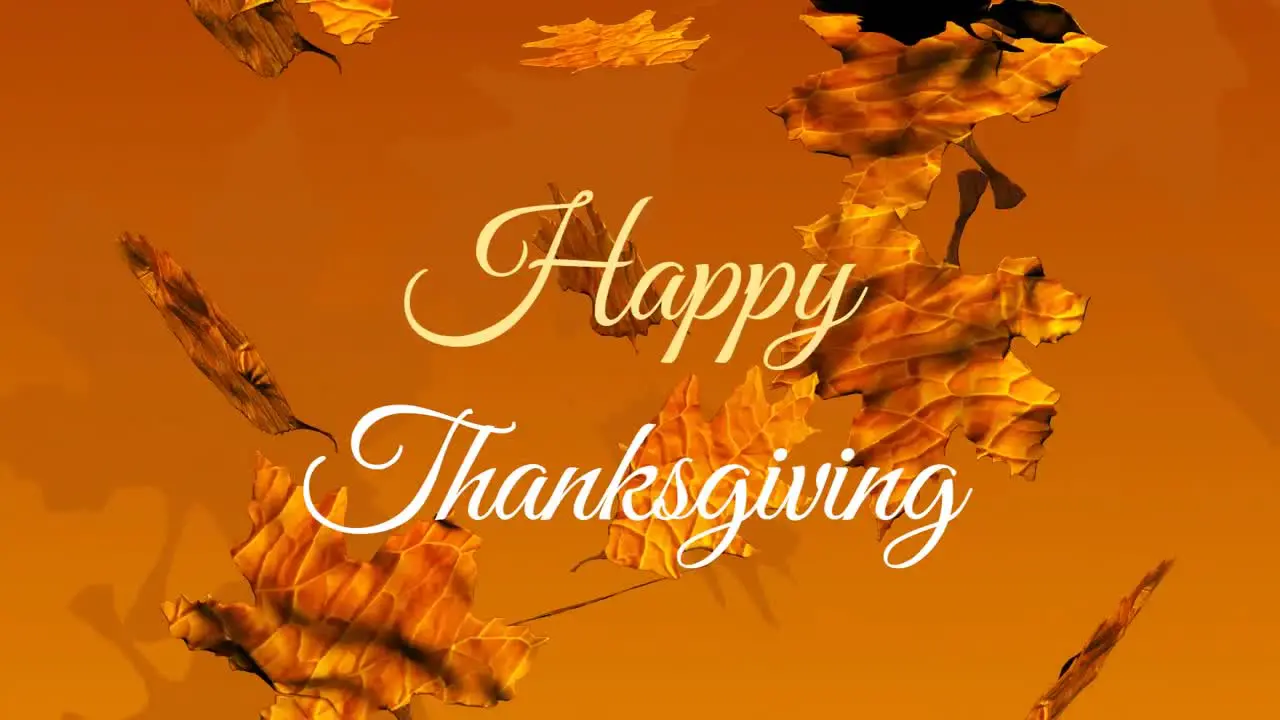 Animation of happy thanksgiving text over leaves falling on orange background