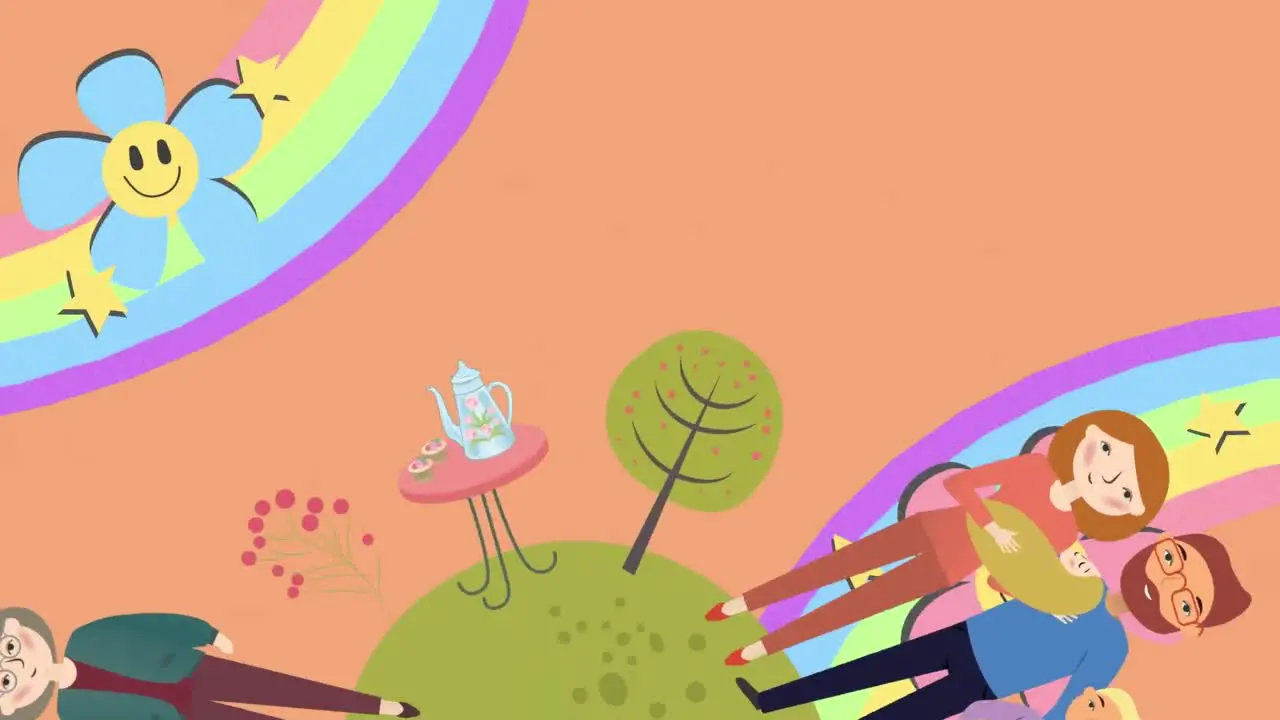 Animation of spinning earth with families and flowers on rainbows on orange background