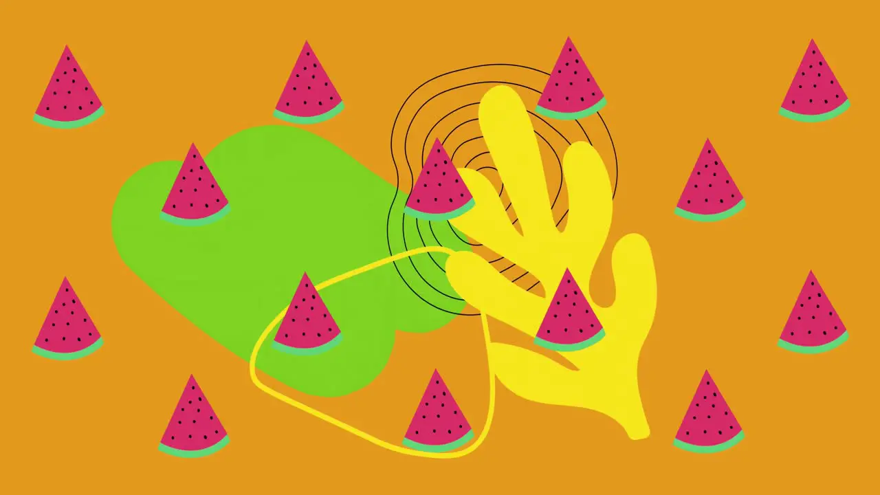 Animation of watermelon spinning over shapes on orange background