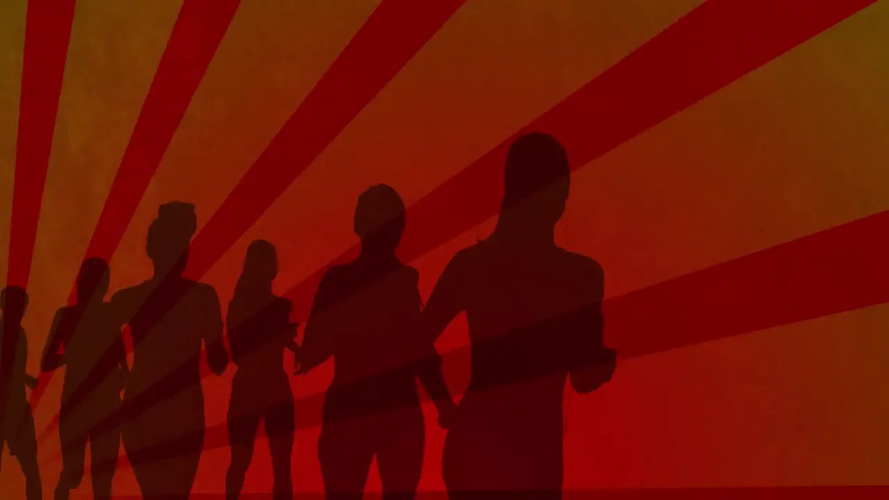 Animation of runner silhouettes over shapes on orange background