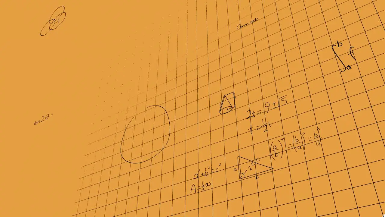 Animation of mathematical equations over grid network against orange background